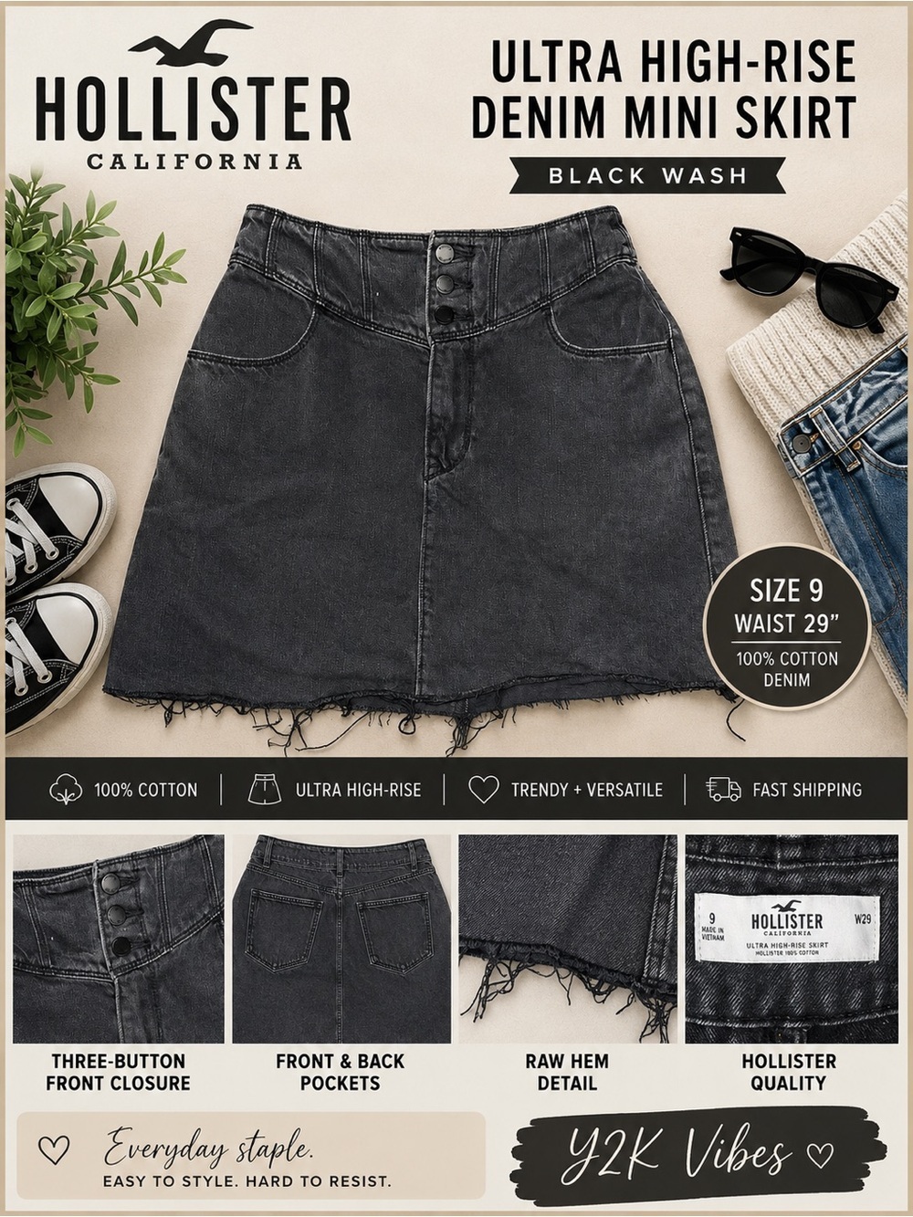 Hollister Ultra High Rise Black Denim Mini Skirt Raw Hem W29 Size 9 EUC